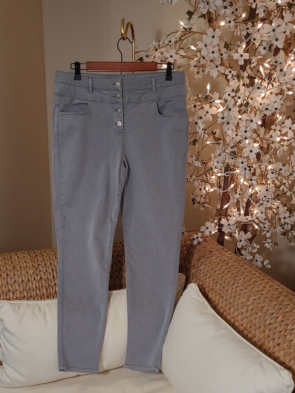 Lascana Gray High Rise Stretch Buttonfly Pants
